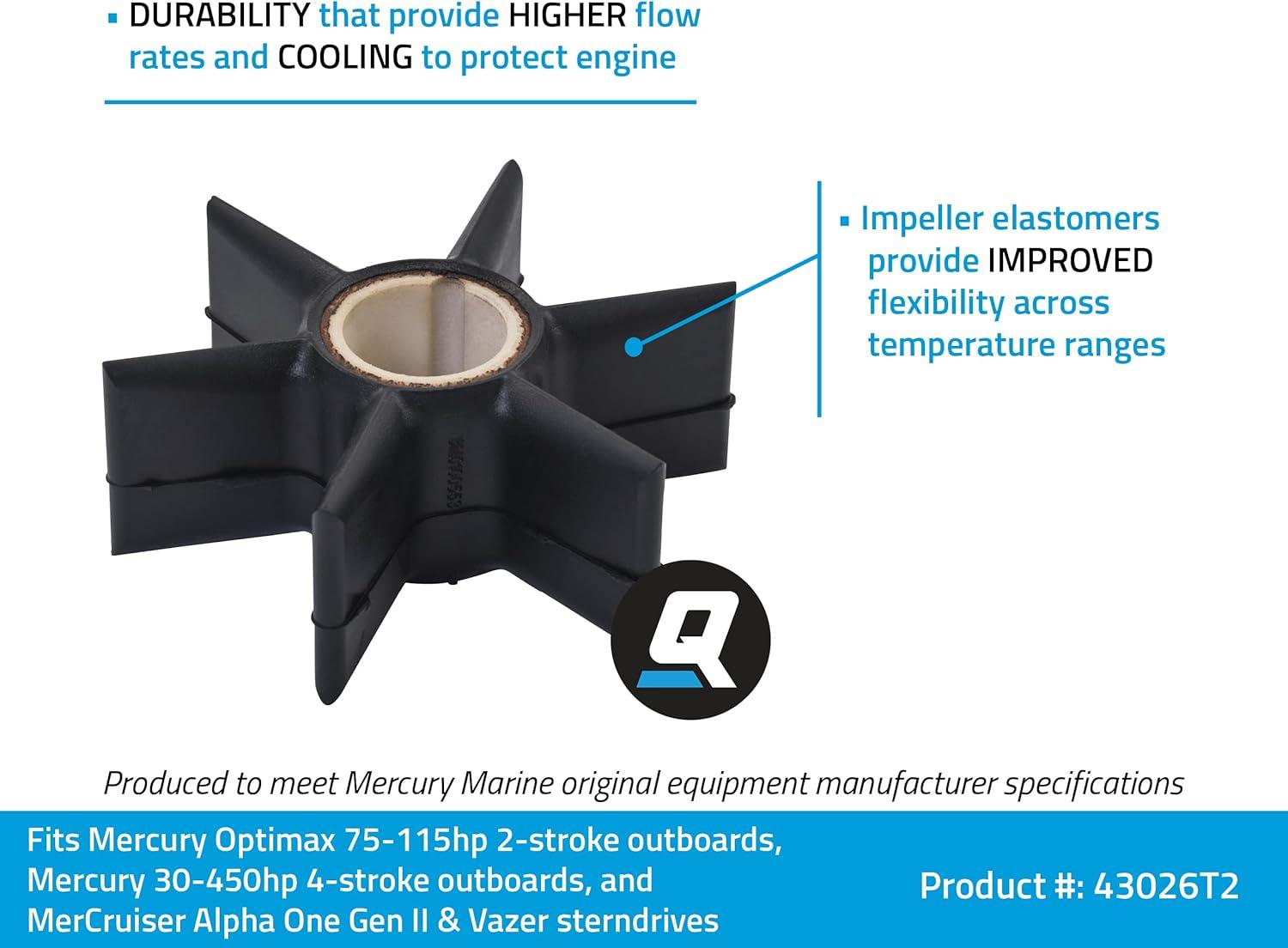 imageQuicksilver 43026T2 Water Pump Impeller for OEM Mercury 75115 Hp Optimax Outboards and 30450 Hp 4Stroke Outboards and MerCruiser Alpha One Gen IIVazer Sterndrives