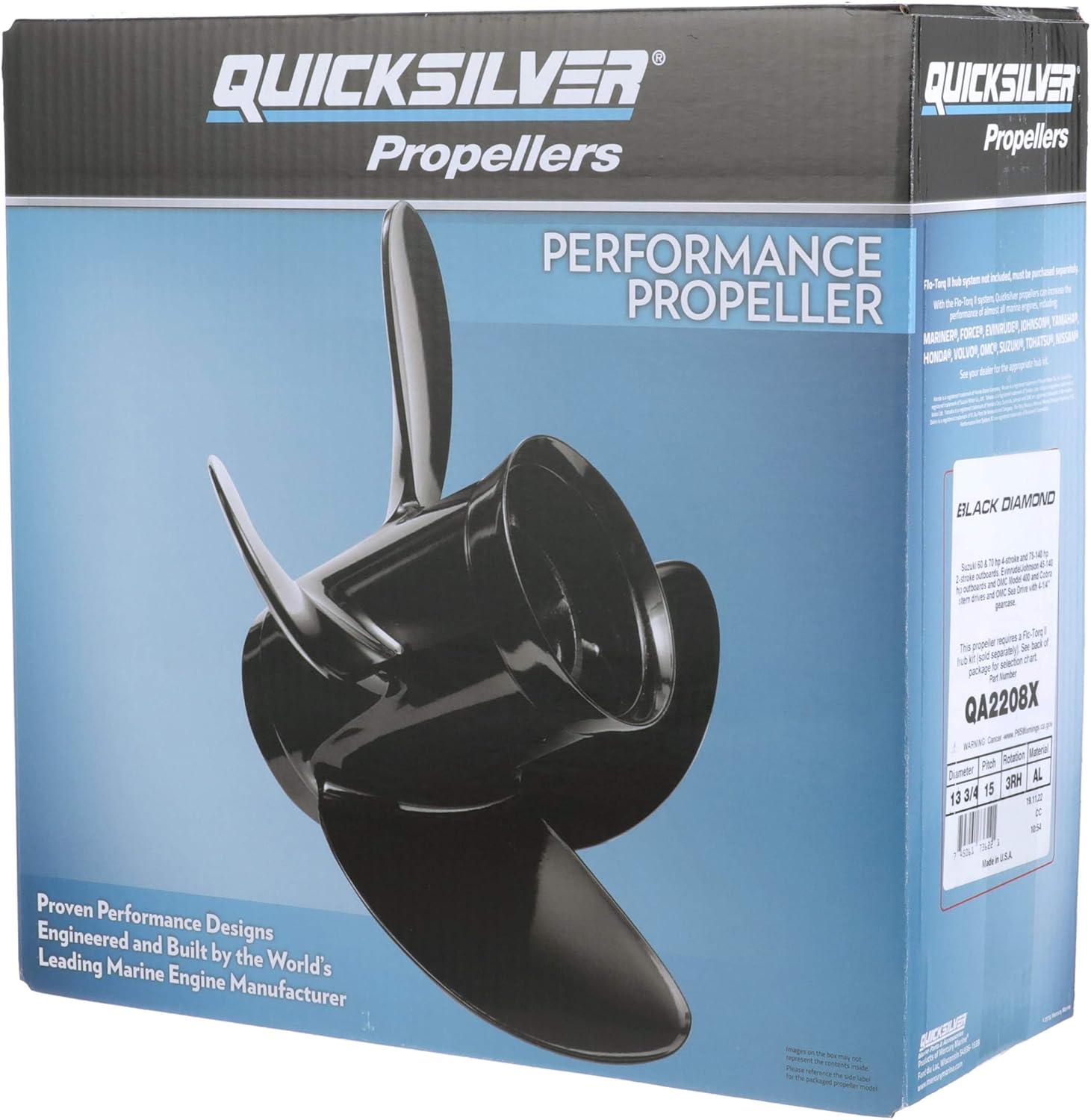imageQuicksilver Black Diamond 3Blade Aluminum Propeller  For Yamaha Honda Evinrude and Johnson Engines85 HP  140 HP EvinrudeJohnson V4