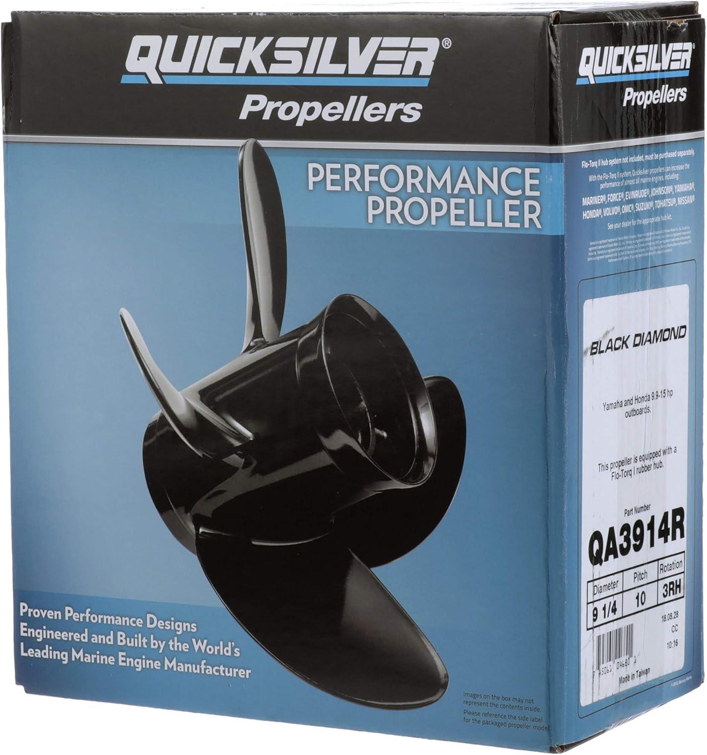 imageQuicksilver Black Diamond 3Blade Aluminum Propeller  For Yamaha Honda Evinrude and Johnson Engines99 HP  20 HP HondaYamaha w8tooth Spline