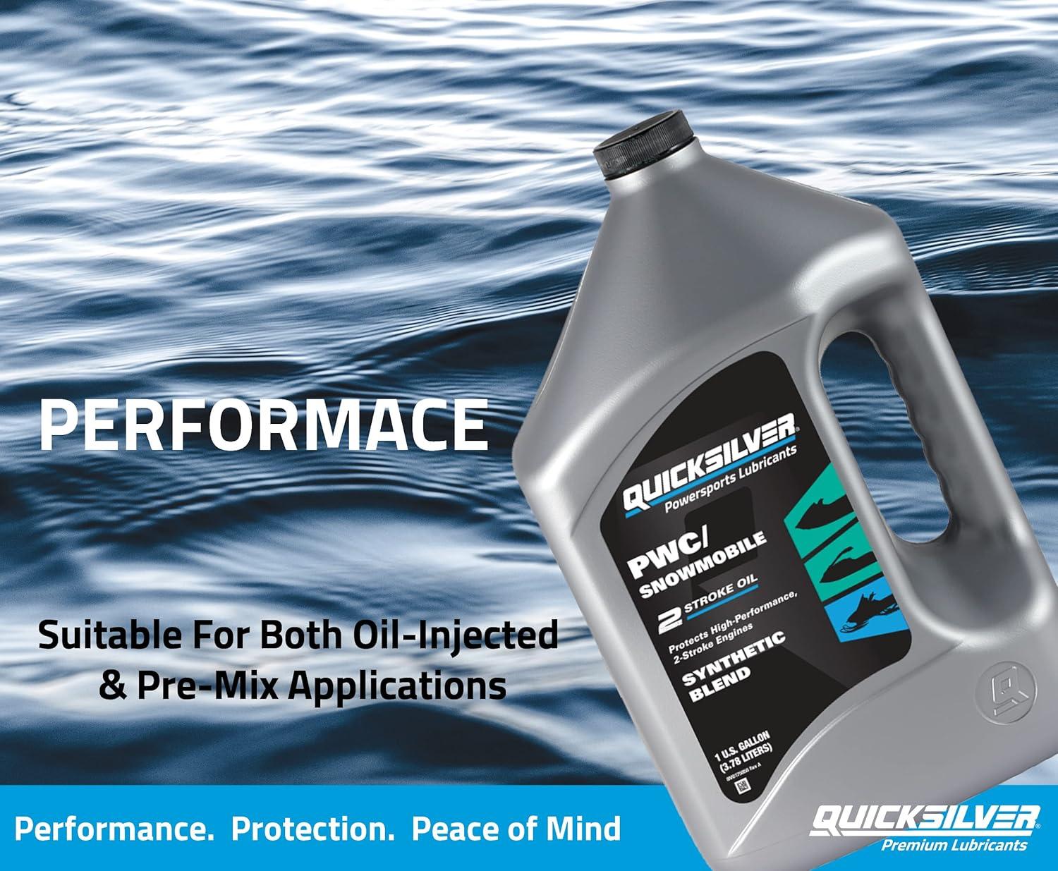 imageQuicksilver Premium Synthetic Blend 2Stroke Engine Oil for PWC Snowmobile 1 Gallon1Quart Pack of 4